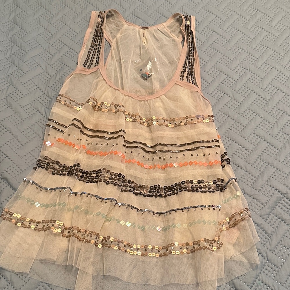 Free People Sheer Sequin Blouse in Cream and Orange